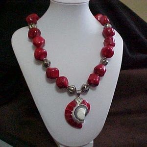 Coral, Pewter & Mother of Pearl Necklace